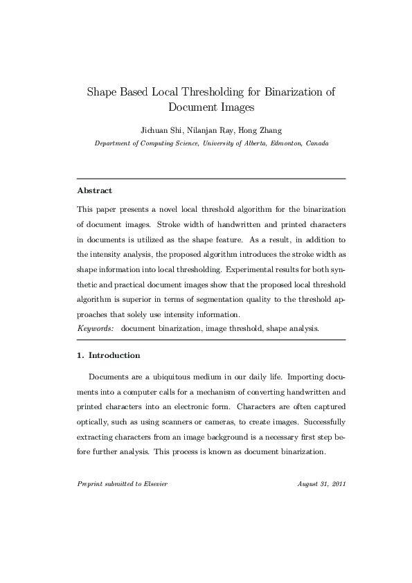 (PDF) Shape based local thresholding for binarization of document images
