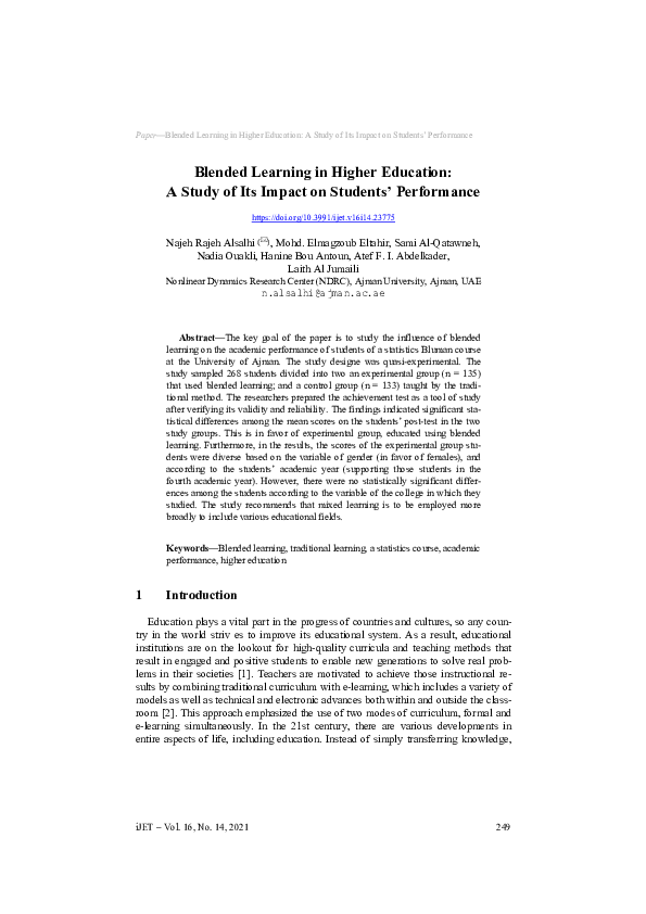 (PDF) Blended Learning in Higher Education: A Study of Its Impact on ...