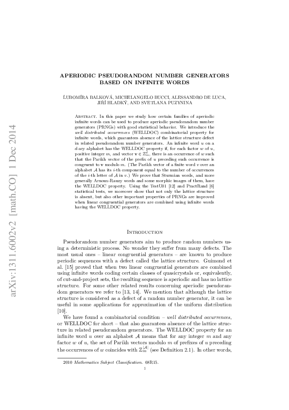 (PDF) Aperiodic pseudorandom number generators based on infinite words