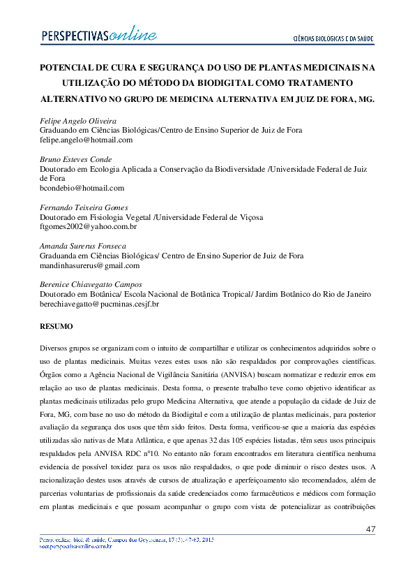 (PDF) Potencial De Cura e Segurança Do Uso De Plantas Medicinais Na ...