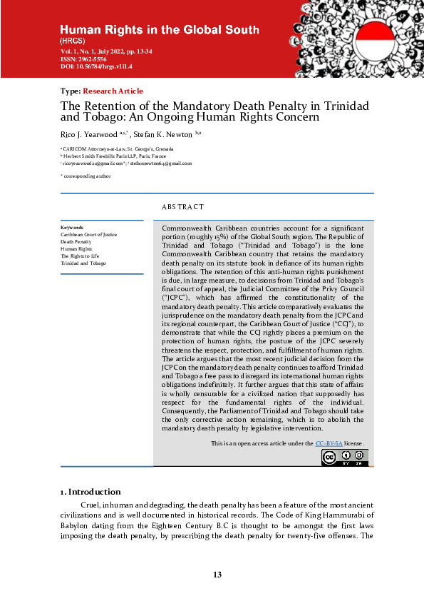 (PDF) The Retention of the Mandatory Death Penalty in Trinidad and ...