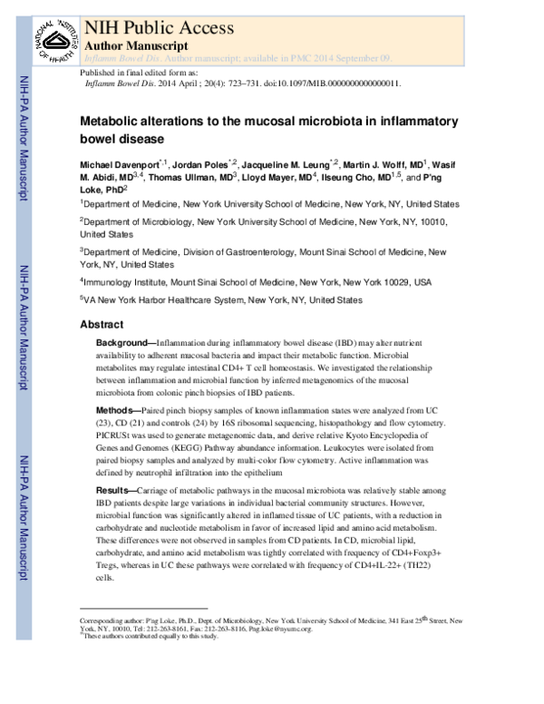 (PDF) Metabolic Alterations to the Mucosal Microbiota in Inflammatory ...