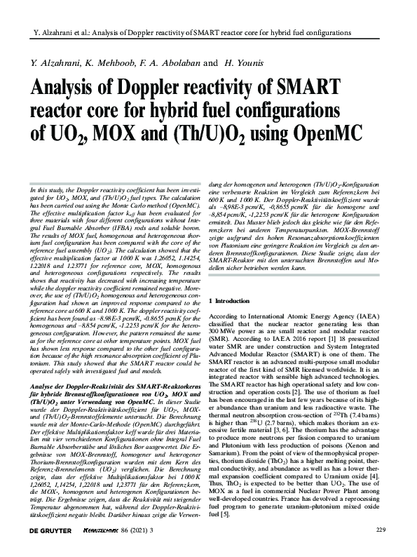 (PDF) Analysis of Doppler reactivity of SMART reactor core for hybrid ...