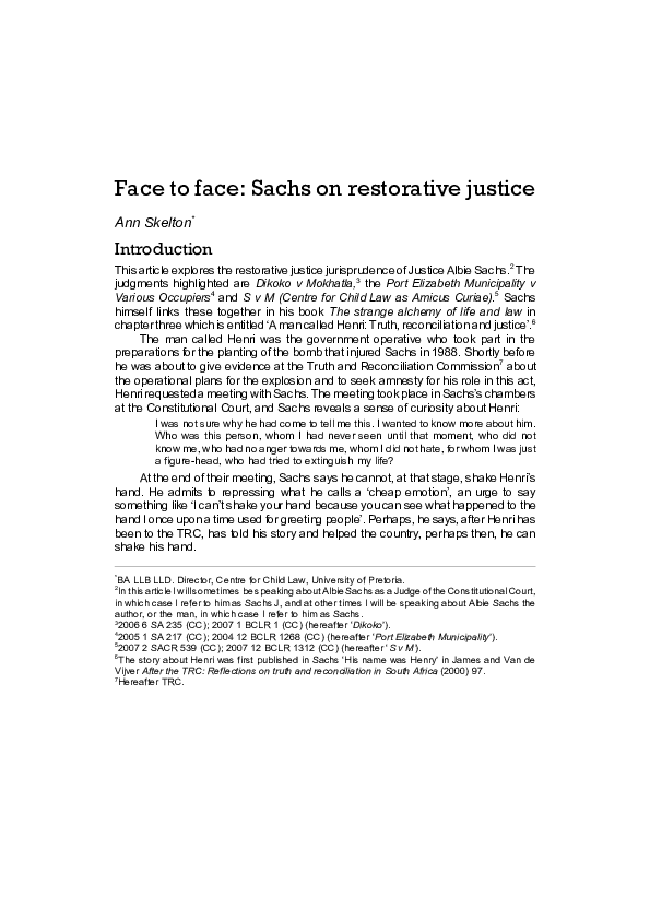 (PDF) Face to face: Sachs on restorative justice