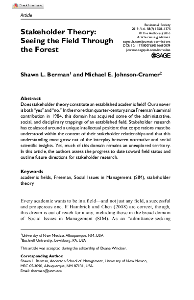 Pdf Stakeholder Theory