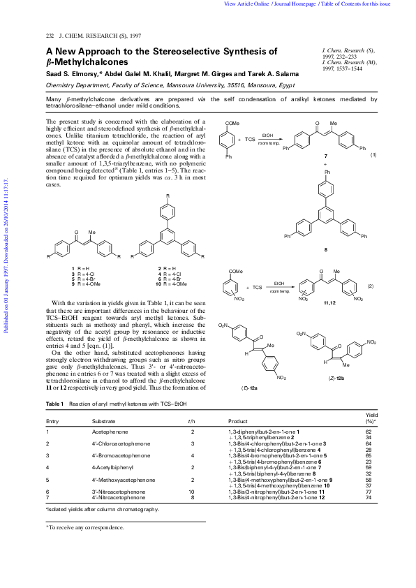 (PDF) A New Approach to the Stereoselective Synthesis of β-Methylchalcones