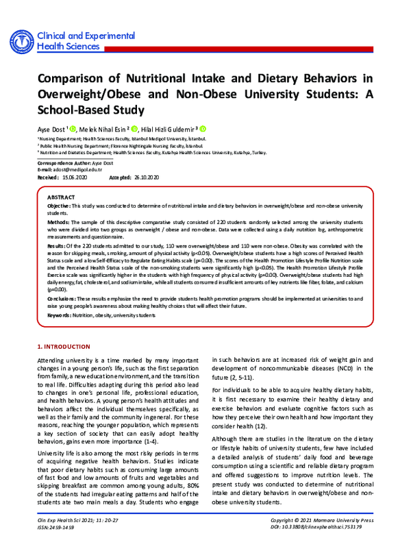 (PDF) Comparison of Nutritional Intake and Dietary Behaviors in ...