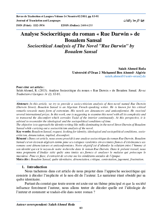 (PDF) Analyse Sociocritique du roman « Rue Darwin » de Boualem Sansal