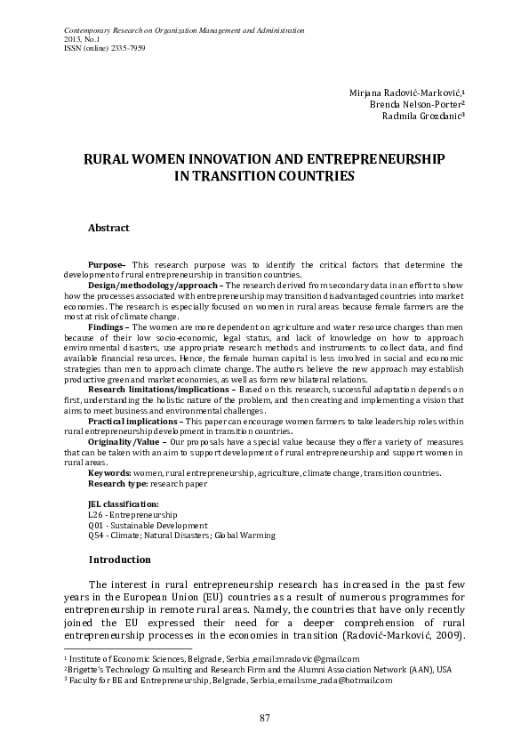 (PDF) Rural women innovation and entrepreneurship in transition countries