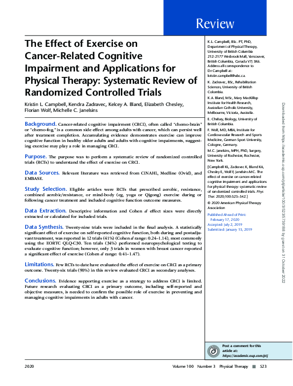 (PDF) The Effect of Exercise on Cancer-Related Cognitive Impairment and ...