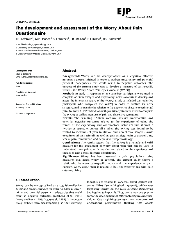 (PDF) The development and assessment of the Worry About Pain Questionnaire
