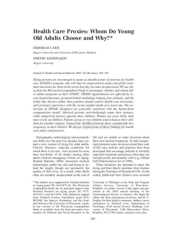 (PDF) Health Care Proxies: Whom Do Young Old Adults Choose and Why ...