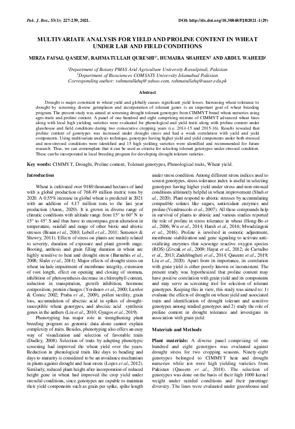 (PDF) Multivariate analysis for yield and proline content in wheat ...