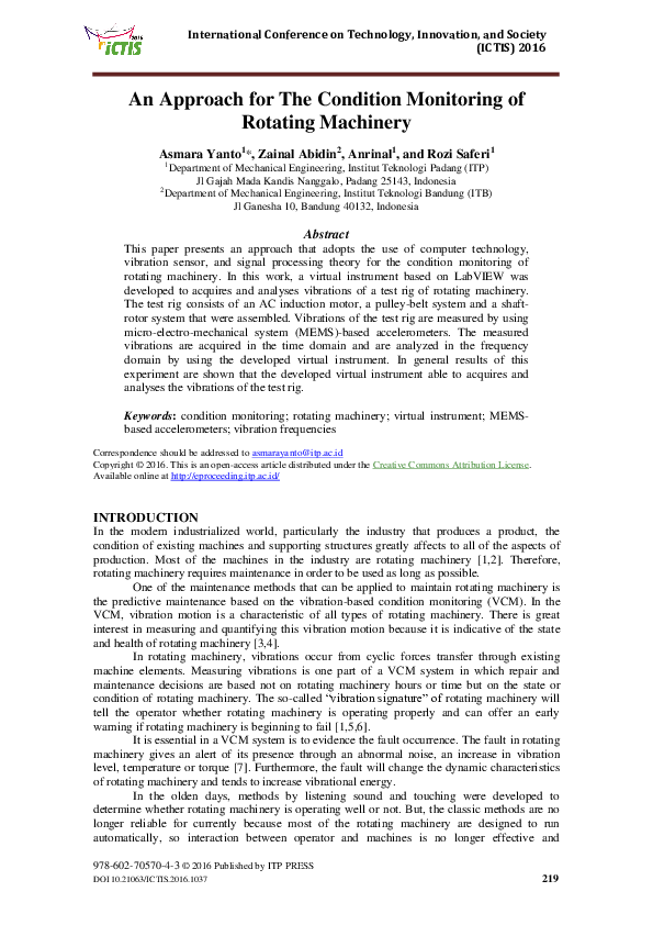 (PDF) An Approach for T he Condition Monitoring of Rotating Machinery