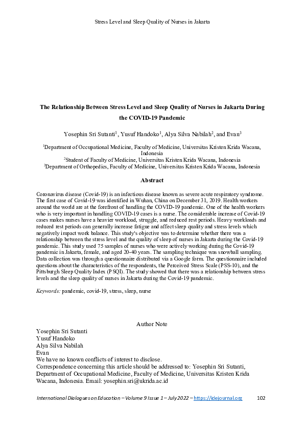 (PDF) Relationship Between Stress Level and Sleep Quality of Nurses in ...