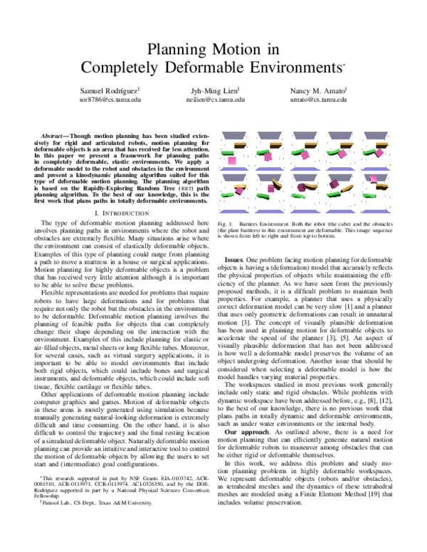 (PDF) Planning motion in completely deformable environments