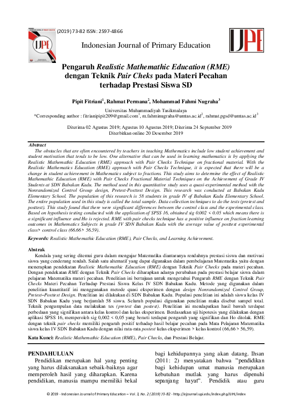 (PDF) Pengaruh Realistic Mathemathic Education (RME) dengan Teknik Pair ...