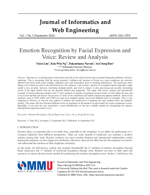 (PDF) Emotion Recognition by Facial Expression and Voice: Review and ...