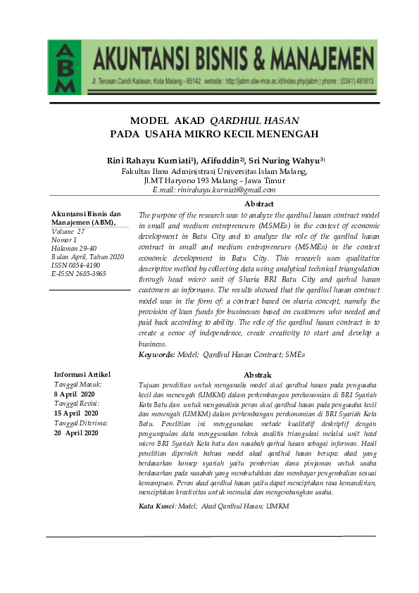 (PDF) Model Akad Qardhul Hasan Pada Usaha Mikro Kecil Menengah