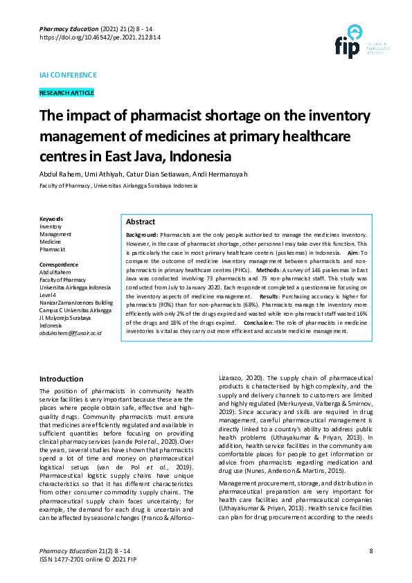 (PDF) The impact of pharmacist shortage on the inventory management of ...