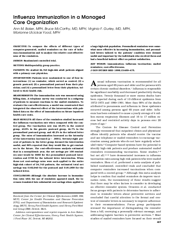 (PDF) Influenza immunization in a managed care organization