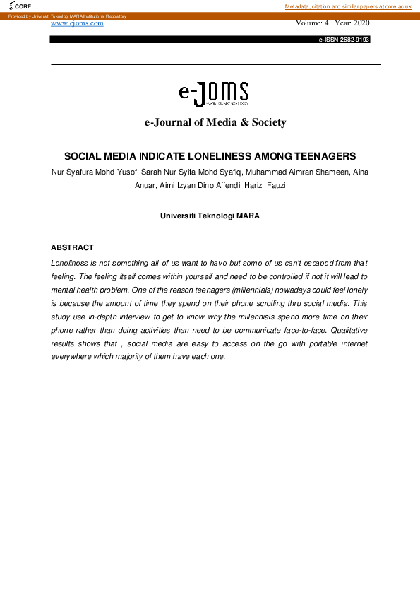 (PDF) Social media indicate loneliness among teenagers / Nur Syafura ...