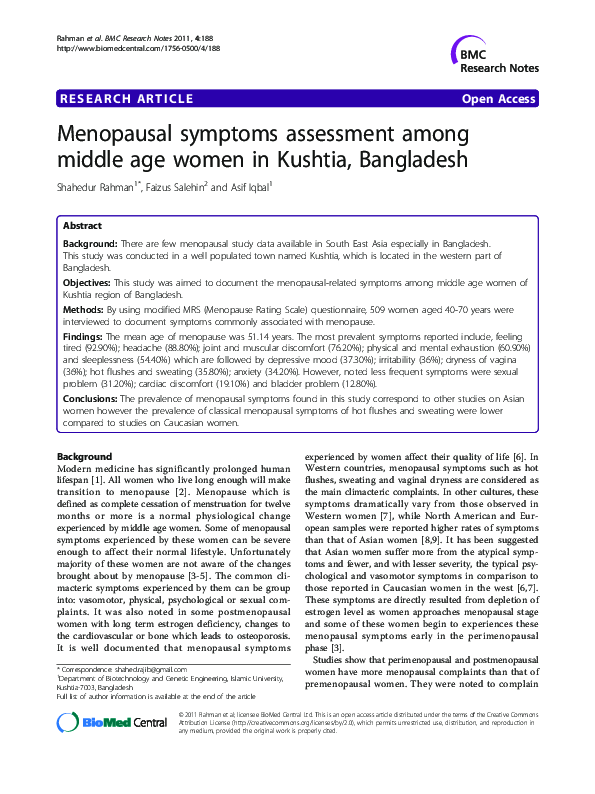 (PDF) Menopausal symptoms assessment among middle age women in Kushtia