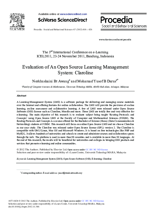 (PDF) Evaluation of an Open Source Learning Management System: Claroline