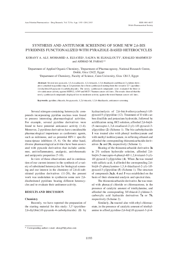 (PDF) Synthesis and Antitumor Screening of Some New 2,6-BIS Pyridines ...
