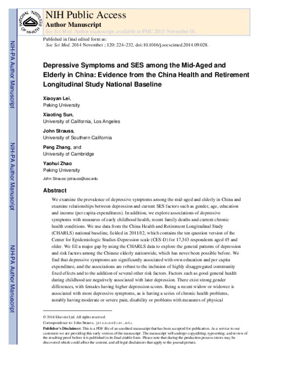(PDF) Depressive symptoms and SES among the mid-aged and elderly in ...