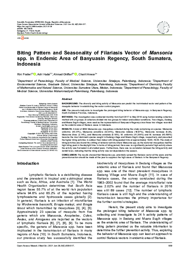 (PDF) Biting Pattern and Seasonality of Filariasis Vector of Mansonia ...