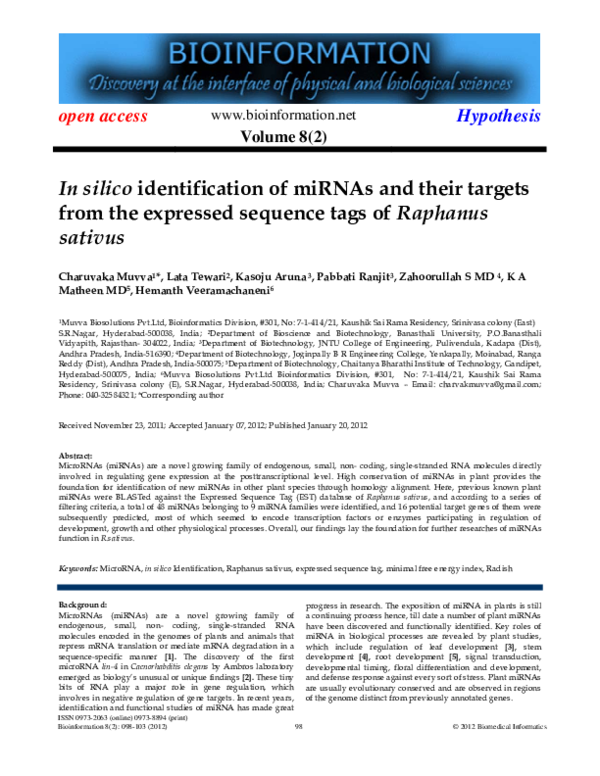 (PDF) In silico identification of miRNAs and their targets from the ...