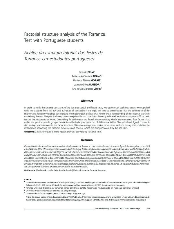 (PDF) Factorial structure analysis of the Torrance Test with Portuguese ...