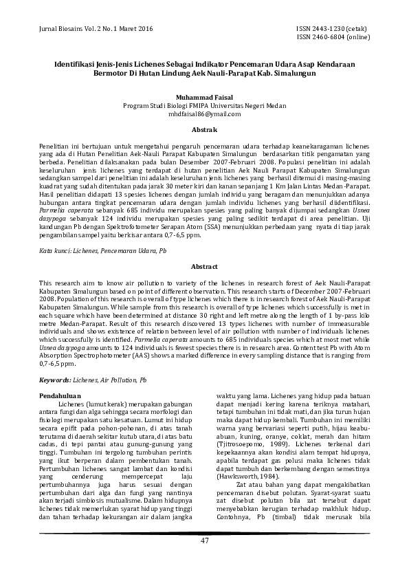 (PDF) Identifikasi Jenis-Jenis Lichenes Sebagai Indikator Pencemaran