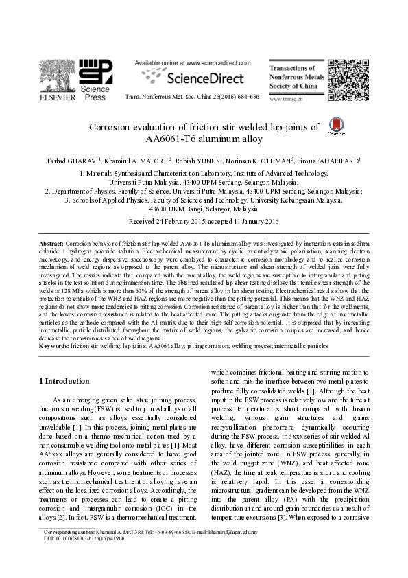 (PDF) Corrosion evaluation of friction stir welded lap joints of AA6061 ...