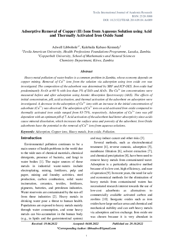 (PDF) Adsorptive Removal of Copper (II) Ions from Aqueous Solution ...