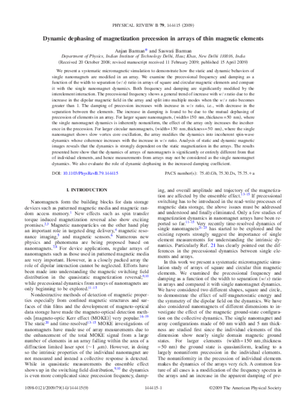 (PDF) Dynamic dephasing of magnetization precession in arrays of thin ...