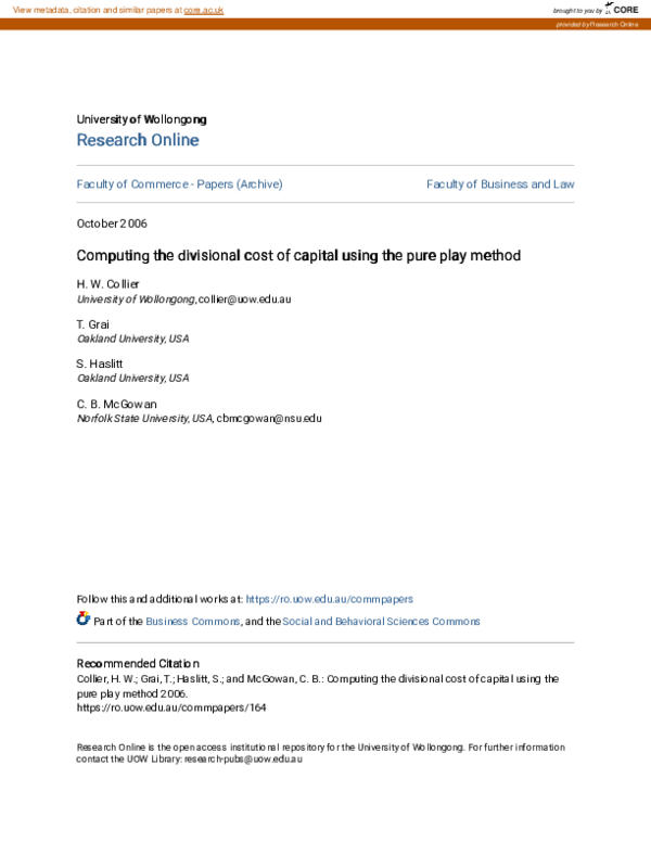 (PDF) Computing the divisional cost of capital using the pureplay