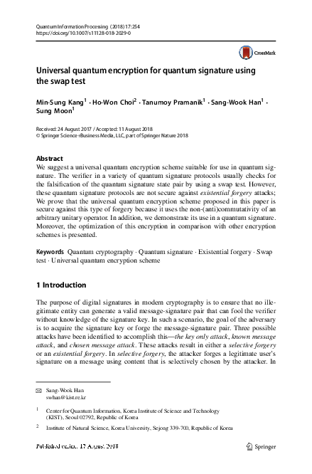 (PDF) Universal quantum encryption for quantum signature using the swap ...
