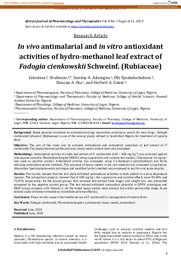 (PDF) In vivo antimalarial and in vitro antioxidant activities of hydro ...