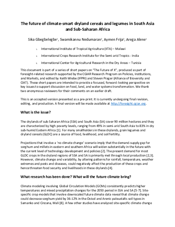 (PDF) The future of climatesmart dryland cereals and legumes in South