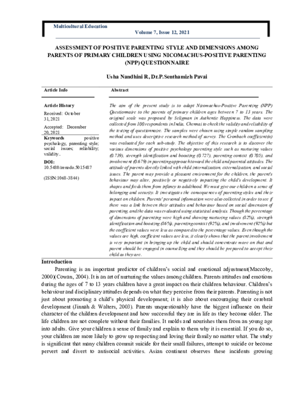 (PDF) ASSESSMENT OF POSITIVE PARENTING STYLE AND DIMENSIONS AMONG ...