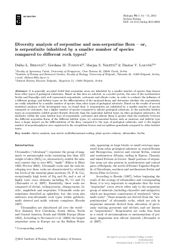 (PDF) Diversity analysis of serpentine and nonserpentine flora or
