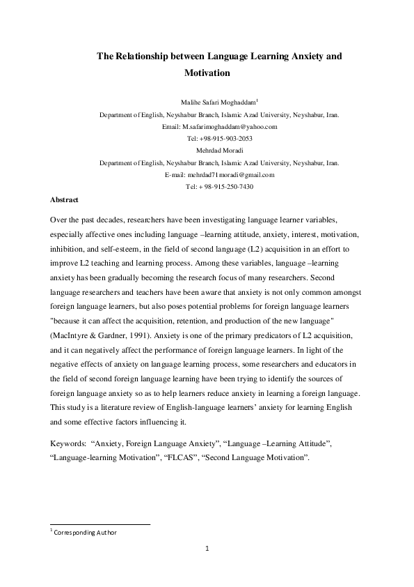 (PDF) The Relationship between Language Learning Anxiety and Motivation