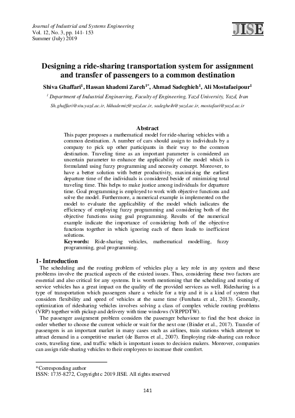 (PDF) Designing a ride-sharing transportation system for assignment and ...