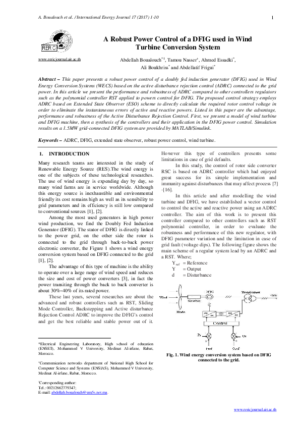 (PDF) A Robust Power Control of a DFIG used in Wind Turbine Conversion ...