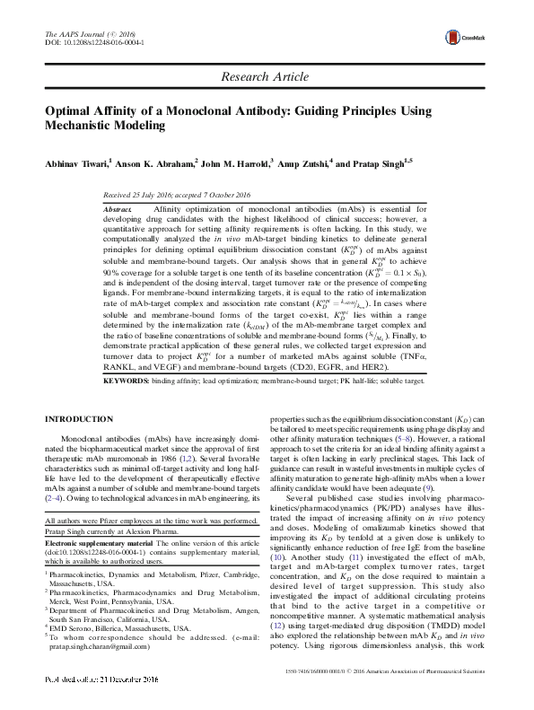 (PDF) Optimal Affinity of a Monoclonal Antibody: Guiding Principles ...