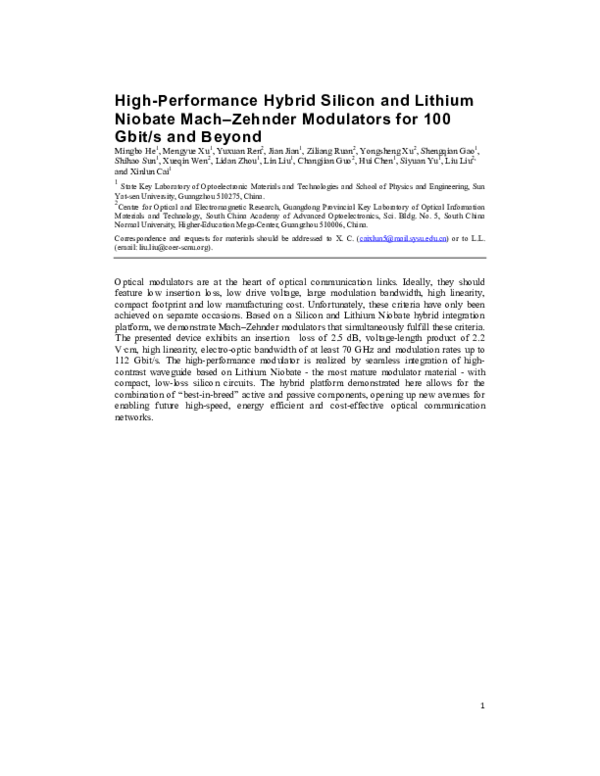 (PDF) High-performance hybrid silicon and lithium niobate Mach–Zehnder ...