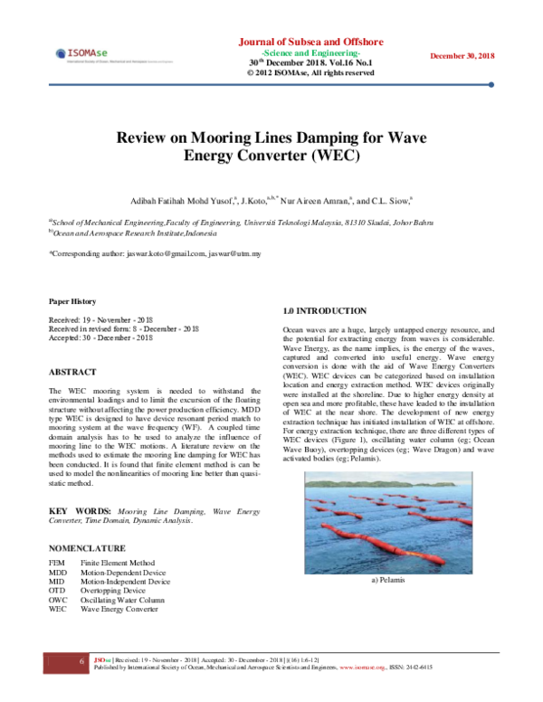 (PDF) Review on Mooring Lines Damping for Wave Energy Converter (WEC)