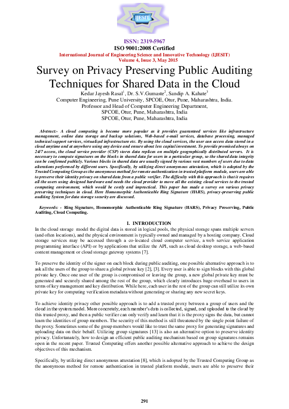 (PDF) Survey on Privacy Preserving Public Auditing Techniques for ...